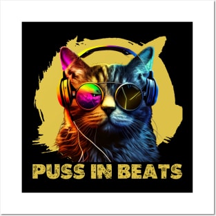 Puss in Beats, Funky Cat in DJ Headphones Posters and Art
